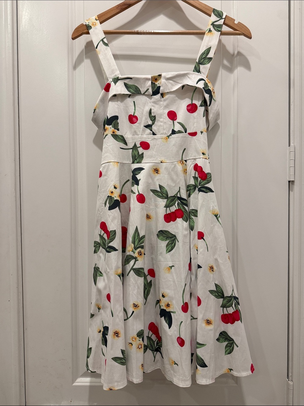 White Cherry-Print Sundress with Ruffled Bodice